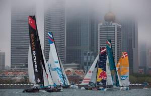 The fog lifted just enough for the Extreme 40s to take to the Fushan Bay racecourse on day two, following yesterday's cancelled racing. - Act 3, Qingdao 2015 - Day two photo copyright Lloyd Images taken at  and featuring the  class