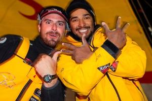 ADORs American Onboard Reporter Matt Knighton celebrates the second-place result into his home country with Adil Khalid - Volvo Ocean Race 2015 photo copyright  Ian Roman / Abu Dhabi Ocean Racing taken at  and featuring the  class