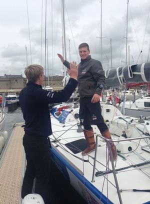 Sam Matson highfiving a preparator before the Solo Concarneau 2015 - Solo Concarneau 2015 photo copyright Artemis Offshore Academy taken at  and featuring the  class
