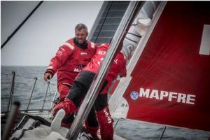 Leg 7 to Lisbon onboard MAPFRE. Day 08. MH0 coming down,Rob Greenhalgh and Willy Altadil are there to catch it and bag it. - Volvo Ocean Race 2015 photo copyright Francisco Vignale/Mapfre/Volvo Ocean Race taken at  and featuring the  class