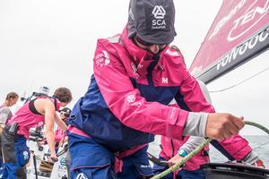 Leg 7 to Lisbon onboard Team SCA. Day 06. Dee Caffari during a gybe. photo copyright Anna-Lena Elled/Team SCA taken at  and featuring the  class