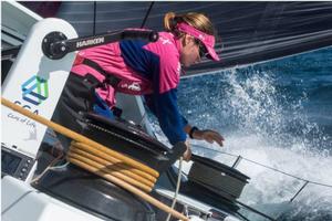 Leg 7 to Lisbon onboard Team SCA. Day 08. Elodie Mettraux trimming the sails. Difficult conditions with wind coming and going. - Volvo Ocean Race 2015 photo copyright Anna-Lena Elled/Team SCA taken at  and featuring the  class