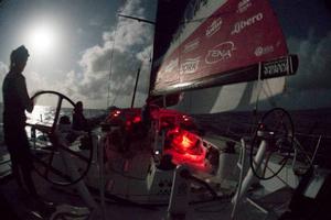 Onboard Team SCA – Sam Davies drives through the evening gybe - Leg six to Newport – Volvo Ocean Race photo copyright Corinna Halloran / Team SCA taken at  and featuring the  class