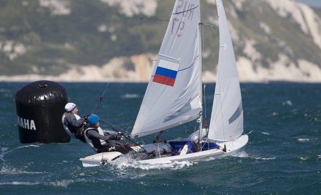 Alisa Kirilyuk and Liudmila Dmitrieva, RUS, Women's Two Person Dinghy (470) on day one - ISAF Sailing World Cup Weymouth and Portland © onEdition http://www.onEdition.com