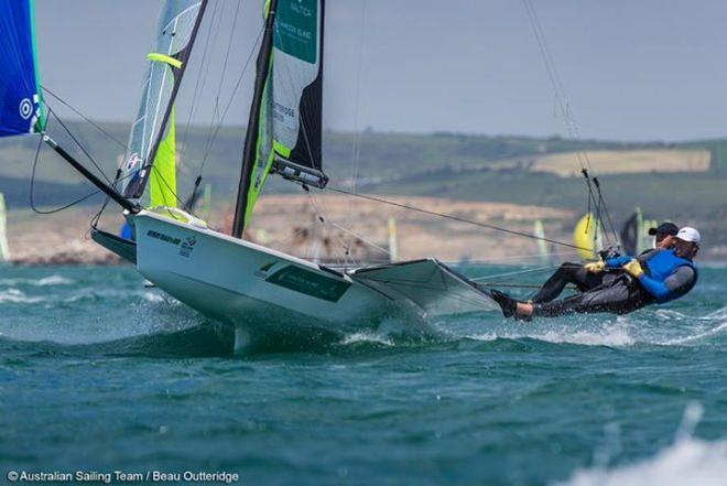 Jensen and Outteridge on day one - 2015 ISAF Sailing WC Weymouth and Portland © Australian Sailing Team / Beau Outteridge