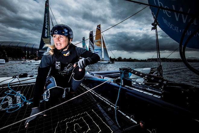 Act 5, Cardiff 2014 - Day one - Sarah Ayton - The Wave, Muscat's tactician Sarah Ayton in action during day one of racing in Cardiff Bay, Wales - 2015 Extreme Sailing Series™ © Lloyd Images