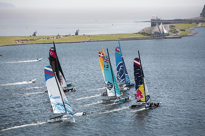 The Extreme 40 fleet racing upwind in Cardiff. © Lloyd Images