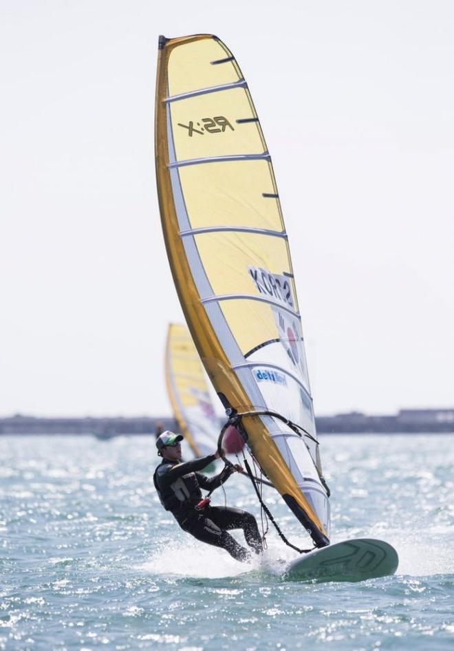 Byunggun Lee, KOR, Men's Windsurfer (RSX) on day one - ISAF Sailing World Cup Weymouth and Portland © onEdition http://www.onEdition.com
