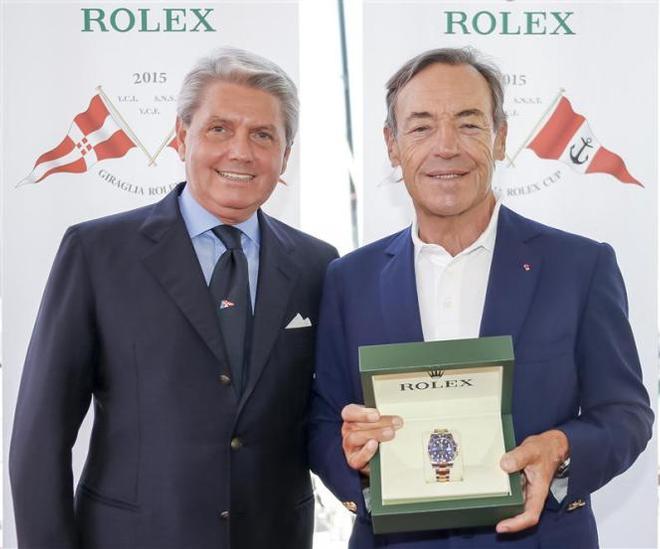 Gian Riccardo Marini, Rolex SA and Sir Lindsay Owen-Jones, owner of Magic Carpet Cubed, GBR, overall winner - 2015 Giraglia Rolex Cup ©  Rolex / Carlo Borlenghi http://www.carloborlenghi.net