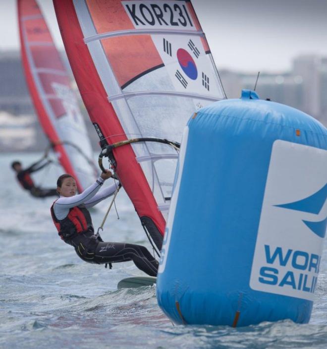 Jihee Lee, KOR, Women's Windsurfer (RSX) on day one - ISAF Sailing World Cup Weymouth and Portland © onEdition http://www.onEdition.com