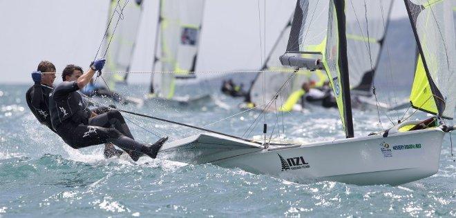 Marcus Hansen and Josh Porebski, NZL, Men's Skiff (49er) on day one - ISAF Sailing World Cup Weymouth and Portland © onEdition http://www.onEdition.com