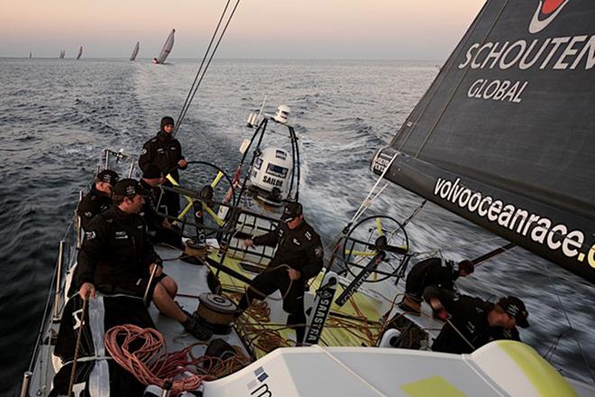 Leg 9 to Gothenburg onboard Team Brunel. Day 0. The Volvo Ocean Race fleet starts leg9 with a 50 mile loop close to the french coast. Beautiful sailing near a stunning coastline.  © Stefan Coppers / Team Brunel