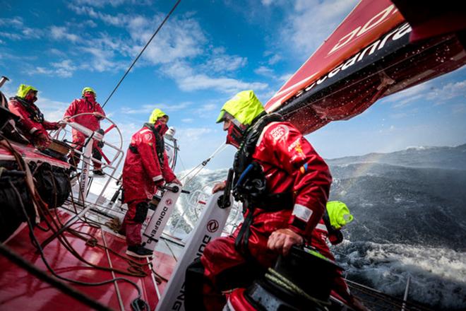 June 9,2015. Leg 8 to Lorient onboard Dongfeng Race Team. Day 2. Just passed Cape Finisterre,33 knts of wind and gusty. Eric Peron,Thomas Rouxel and Charles Caudrelier on watch.  © Yann Riou / Dongfeng Race Team