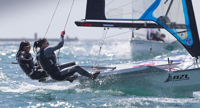 Alexandra Maloney and Molly Meech, NZL, Women's Skiff (49erFX) at Day One of the ISAF Sailing World Cup Weymouth & Portland. ©  Photo on Edition