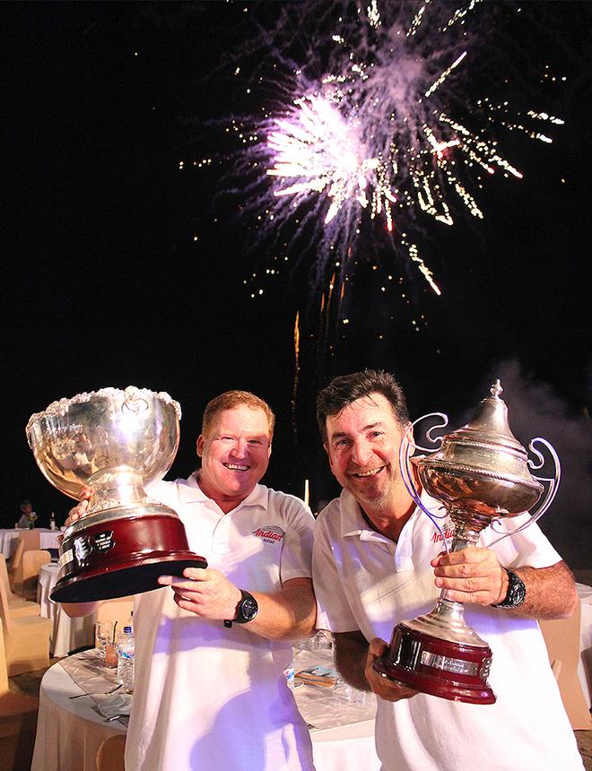 Paul Eldrid (Sailing Master) and Craig Carter (Skipper) with the silverware from the Fremantle to Bali win. © Sarah Ware
