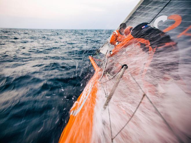 Nick and crewmate Dave Swete on the bow following a sail change - Volvo Ocean Race 2015 ©  Amory Ross / Team Alvimedica