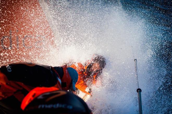 Nick Dana breaks a wave on the bow of Alvimedica for a windy downwind sail change - Volvo Ocean Race 2015 ©  Amory Ross / Team Alvimedica