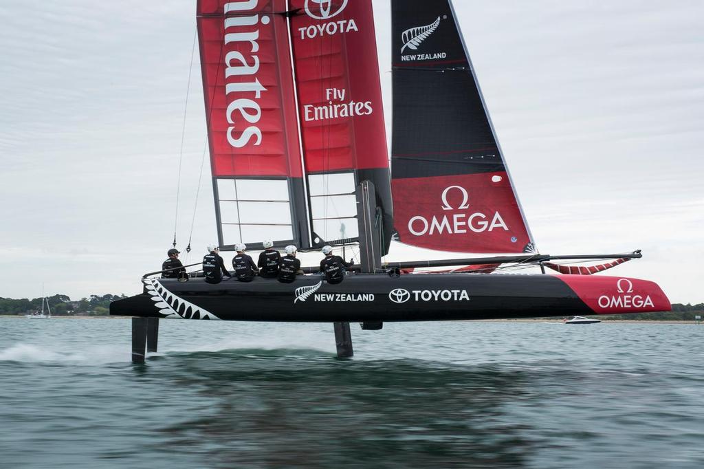 Emirates Team New Zealand Americas Cup team shown here training in the UK onboard their new AC45 foiling cup boat, prior to the start of the World series next month. © Emirates Team New Zealand http://www.etnzblog.com