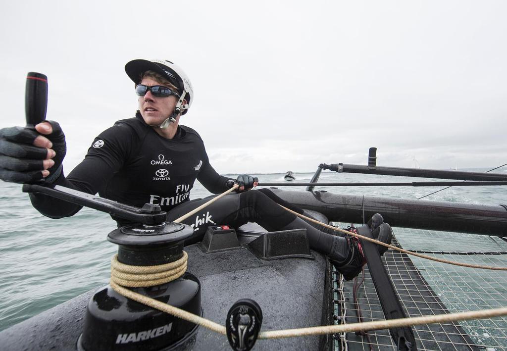 Peter Burling (NZL) skipper of Emirates Team New Zealand Americas Cup team,shown here training in the UK onboard the new AC45 foiling cup boat, prior to the start of the World series next month. © Emirates Team New Zealand http://www.etnzblog.com