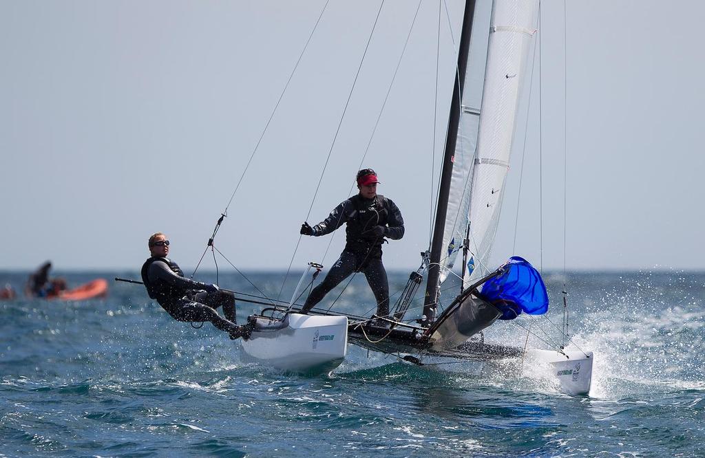 Olivia Mackay and Micah Wilkinson, NZL, Mixed Multihull (Nacra 17) at Day One of the ISAF Sailing World Cup Weymouth & Portland. © onEdition http://www.onEdition.com