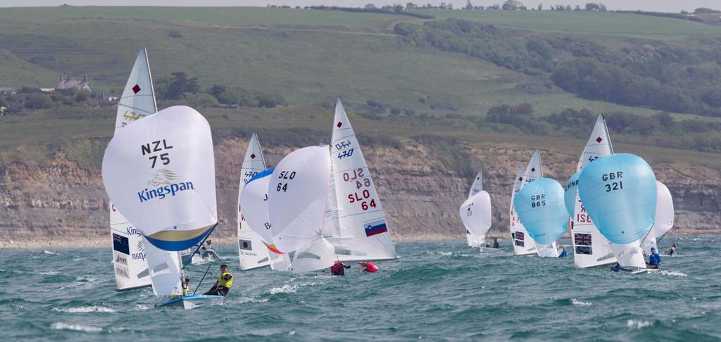 Women's Two Person Dinghy (470) Fleet, lead by Jo Aleh and Polly Powrie, NZL, Womens Two Person Dinghy (470) at Day Two of the ISAF Sailing World Cup Weymouth & Portland. © onEdition http://www.onEdition.com
