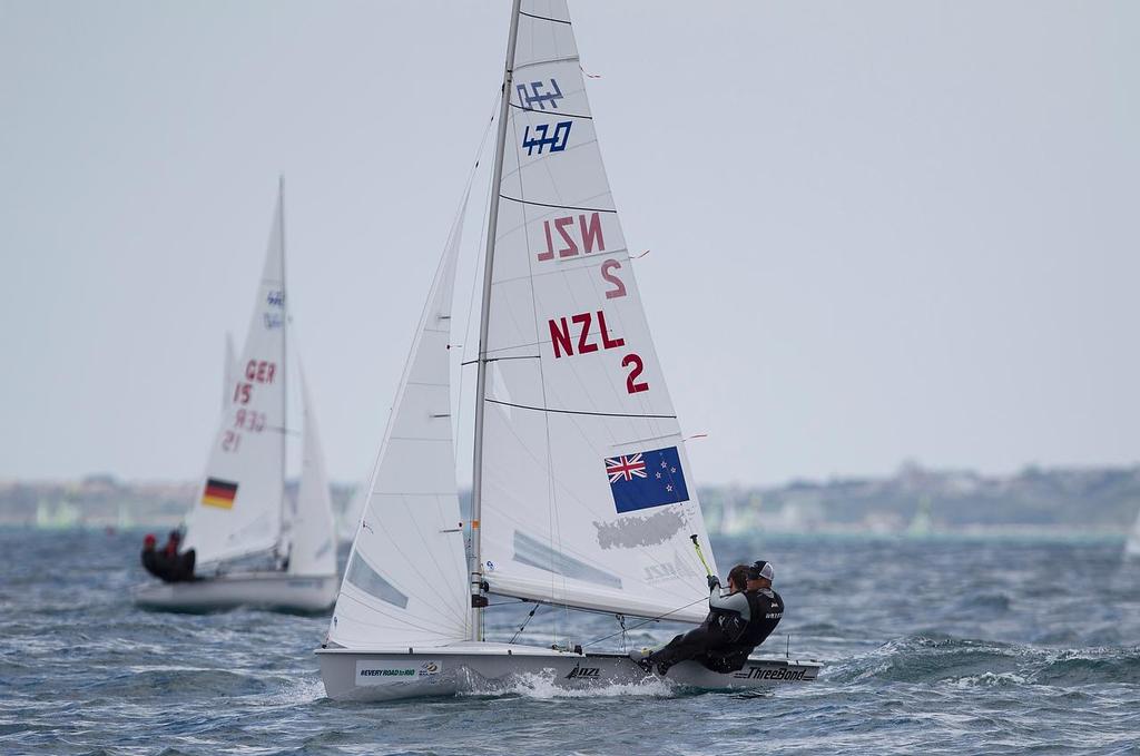 20150610 Copyright onEdition 2015©
Free for editorial use image, please credit: onEdition

Paul  Snow-Hansen and Daniel Willcox, NZL, Men's Two Person Dinghy (470) at Day One of the ISAF Sailing World Cup Weymouth & Portland.

Returning to the London 2012 Olympic waters, the ISAF Sailing World Cup Weymouth and Portland is taking place between 8-14 June with the racing conducted over five days between 10-14 June at Weymouth and Portland National Sailing Academy. Medal race day on Sunday 14 June w photo copyright onEdition http://www.onEdition.com taken at  and featuring the  class