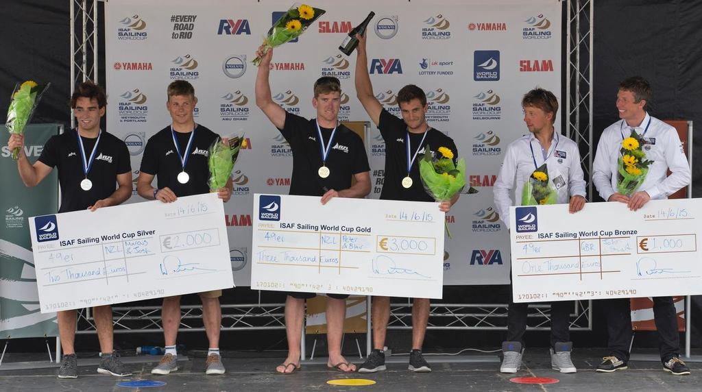 Marcus Hansen and Josh Porebski, NZL, Peter Burling and Blair Tuke, NZL and John Pink and Stuart Bithell, GBR, Men's Skiff (49er) prize giving on day five of the ISAF Sailing World Cup Weymouth & Portland. © onEdition http://www.onEdition.com