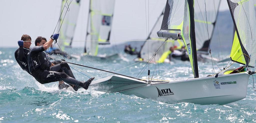 Marcus Hansen and Josh Porebski, NZL, Men's Skiff (49er) on day one of the ISAF Sailing World Cup Weymouth & Portland.<br />
<br />
 © onEdition http://www.onEdition.com