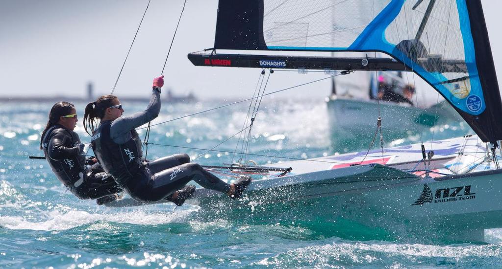 Alexandra Maloney and Molly Meech, NZL, Womens Skiff (49erFX) at Day One of the ISAF Sailing World Cup Weymouth & Portland. © onEdition http://www.onEdition.com
