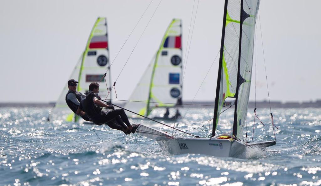 Peter Burling and Blair Tuke, NZL, Men’s Skiff (49er) on day two of the ISAF Sailing World Cup Weymouth & Portland. © onEdition http://www.onEdition.com
