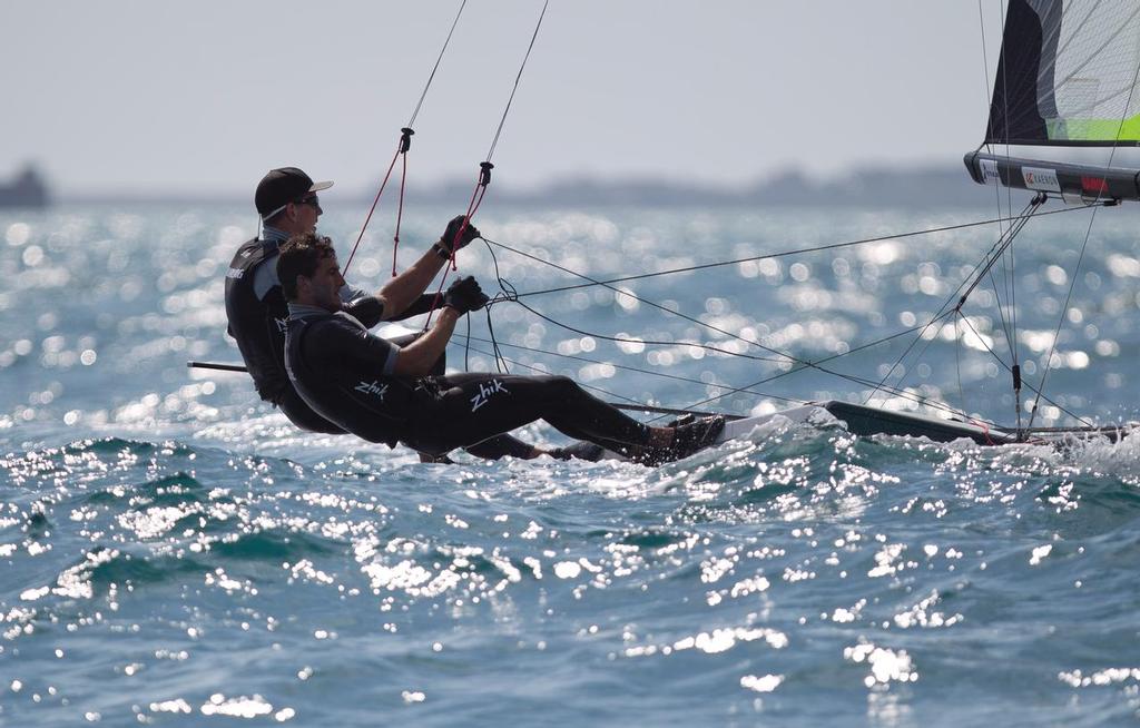 Peter Burling and Blair Tuke, NZL, Men’s Skiff (49er) on day two of the ISAF Sailing World Cup Weymouth & Portland. © onEdition http://www.onEdition.com