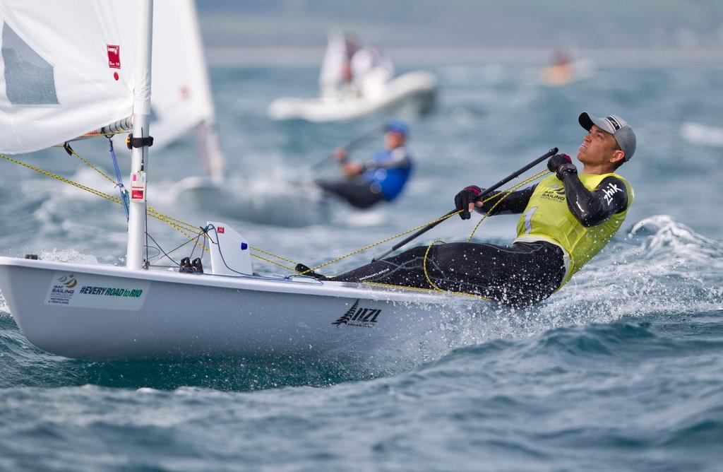 Andy Maloney, NZL, Mens One Person Dinghy (Laser) on day two of the ISAF Sailing World Cup Weymouth & Portland.<br />
<br />
 © onEdition http://www.onEdition.com