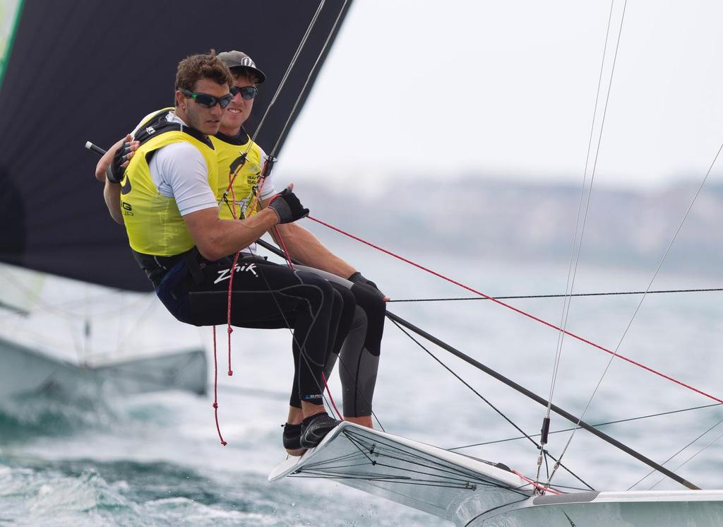 Peter Burling and Blair Tuke, NZL, Men's Skiff (49er) on day five of the ISAF Sailing World Cup Weymouth & Portland. © onEdition http://www.onEdition.com