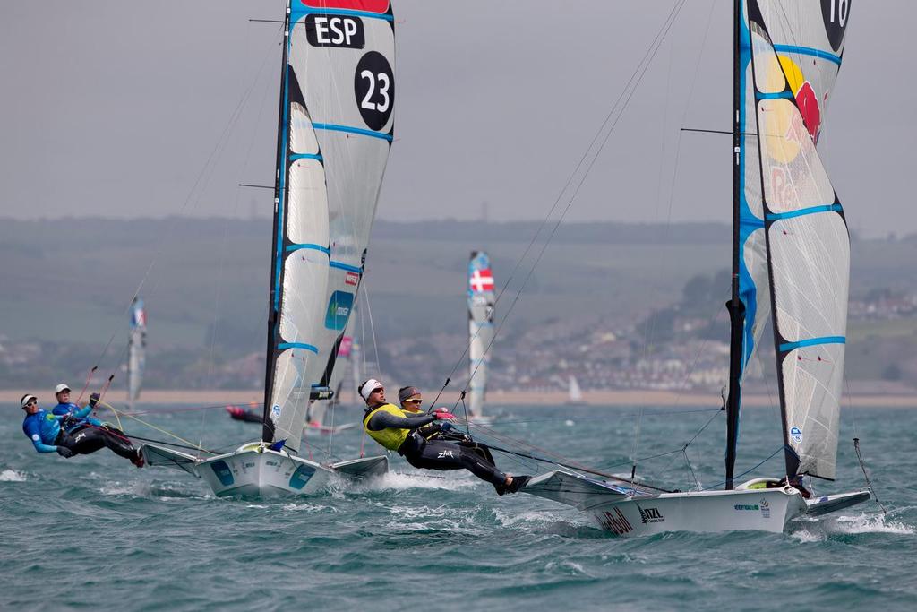 Tamara Echegoyen and Berta Betanzos Moro, ESP, Alexandra Maloney and Molly Meech, NZL, Women's Skiff (49erFX) on day four of the ISAF Sailing World Cup Weymouth & Portland. photo copyright onEdition http://www.onEdition.com taken at  and featuring the  class