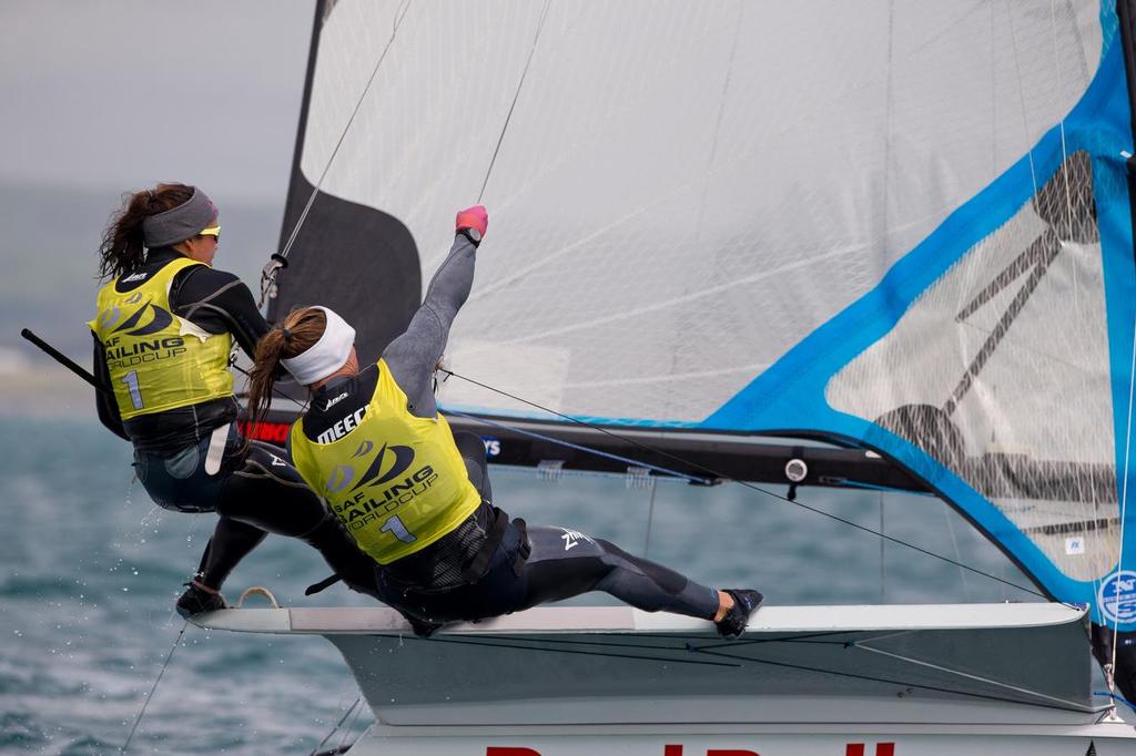 Alexandra Maloney and Molly Meech, NZL, Womens Skiff (49erFX) on day four of the ISAF Sailing World Cup Weymouth & Portland. © onEdition http://www.onEdition.com