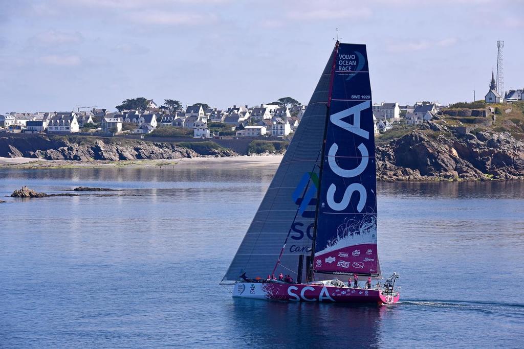 June 17 2015 Volvo Ocean Race Leg 9 Lorient to Gothenburg via The Hague. Boats close to Ushant NW Brittany France by the town of Le Conquet.  © Rick Tomlinson / Team SCA