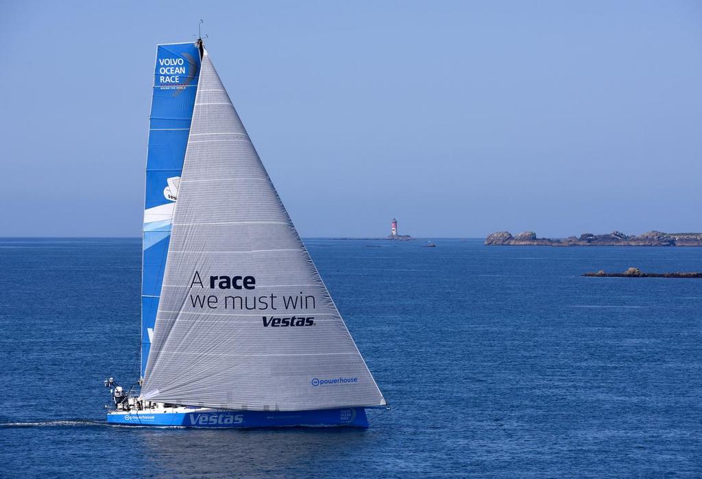 Team Vestas Wind - June 17 2015 Volvo Ocean Race Leg 9 Lorient to Gothenburg via The Hague. Boats close to Ushant NW Brittany France by the town of Le Conquet<br />
 © Rick Tomlinson/Volvo Ocean Race http://www.volvooceanrace.com