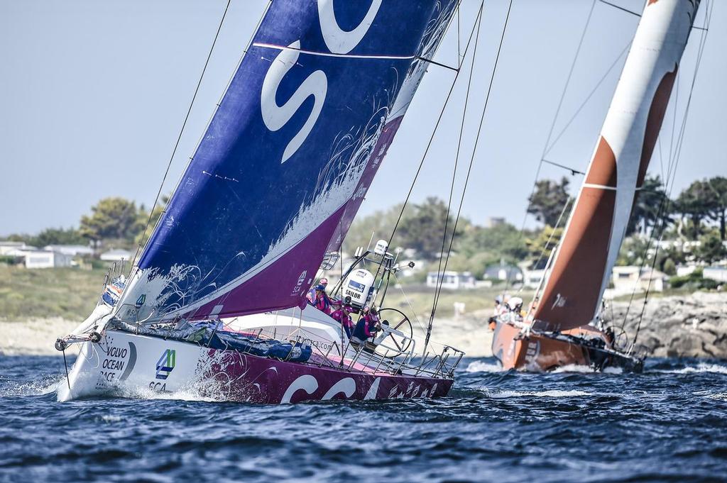 June 14, 2015. Start of Leg 9 from Lorient to Gothenburg. Team SCA and Team Alvimedica photo copyright Ricardo Pinto / Volvo Ocean Race taken at  and featuring the  class