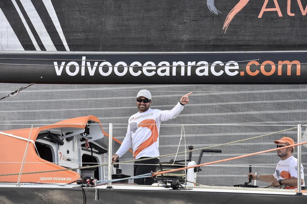 June 22, 2015. The fleet arrives in Gothenburg completing the 2014-15 Volvo Ocean Race. Team Alvimedica approaching the finish line. A happy Charlie Enright. © Ricardo Pinto / Volvo Ocean Race