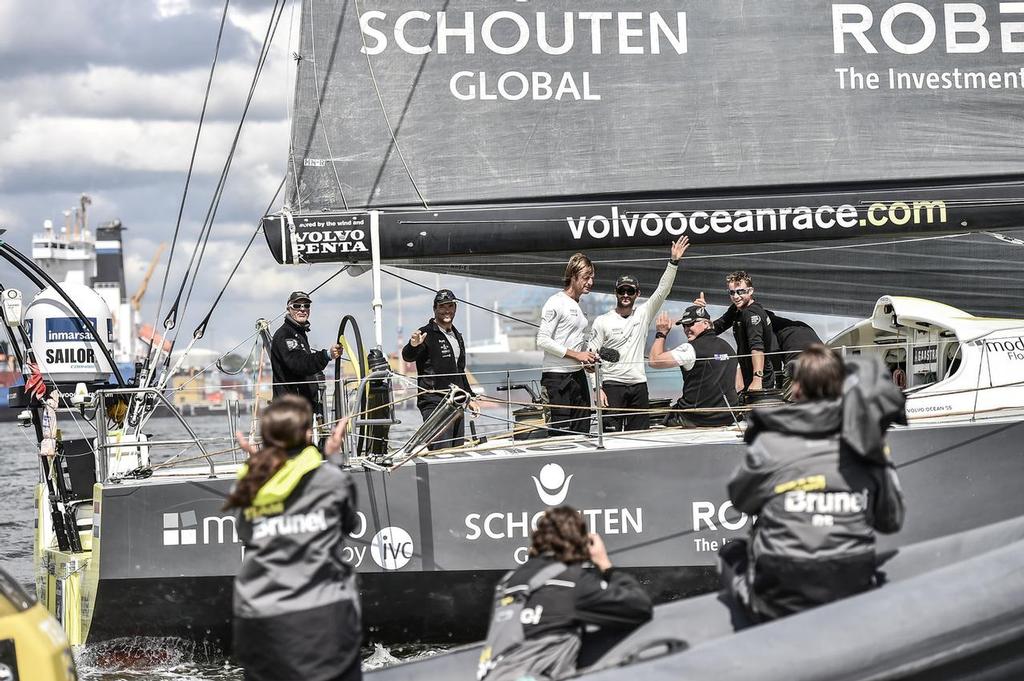 June 22, 2015. The fleet arrives in Gothenburg completing the 2014-15 Volvo Ocean Race. Team Brunel crossing the finish line. © Ricardo Pinto / Volvo Ocean Race