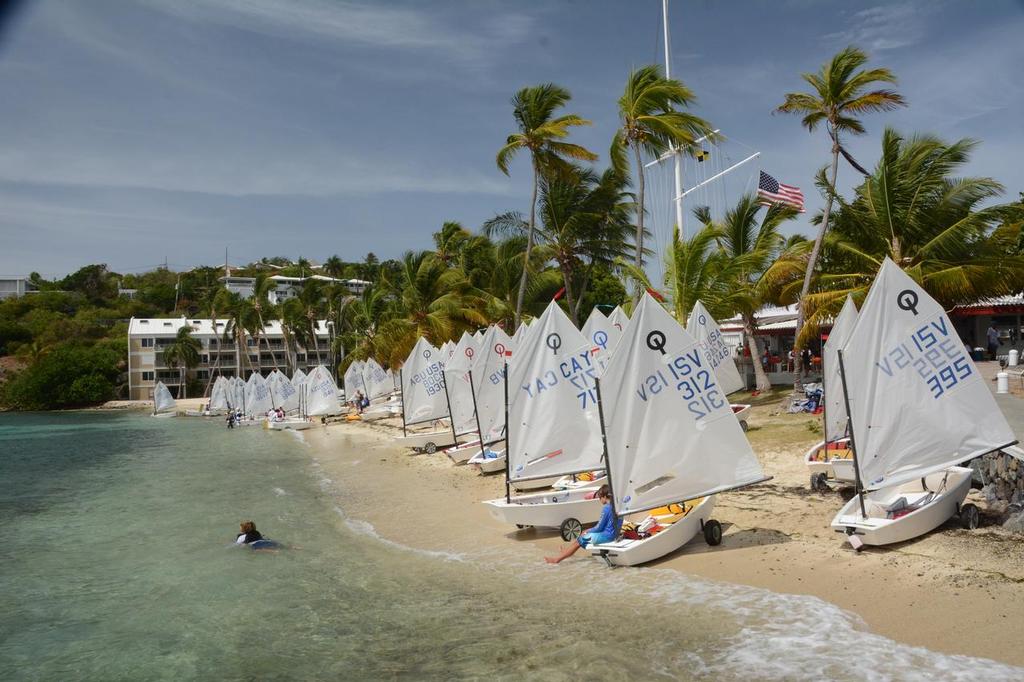 Optimists lined up and ready to launch from the beach at St. Thomas Yacht Club. Credit: Dean Barnes © Dean Barnes