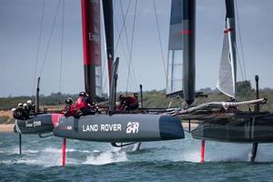 Land Rover BAR and Emirates Team New Zealand battle it out on the foils - 35th America’s Cup photo copyright Ben Ainslie Racing taken at  and featuring the  class