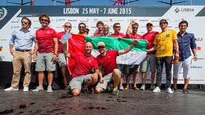 ADOR celebrate second place with Portuguese football star Nuno Gomes and Saleh Ahmed Al Theeb Al Hemeiri, consul from the UAE Embassy in Lisbon - Volvo Ocean Race 2014-15 photo copyright  Ian Roman / Abu Dhabi Ocean Racing taken at  and featuring the  class