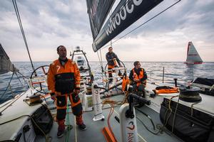 June 8,2015. Leg 8 to Lorient onboard Team Alvimedica. Day 1. MAPFRE drifts nearby at sunrise after an eventful night of tricky sailing,with fickle winds and clouds making life unpredictable and tough. A tricky night of choices,most notably whether to sail north inshore along the coast or further offshore to the west,was made tougher by persistently light conditions and clouds. photo copyright  Amory Ross / Team Alvimedica taken at  and featuring the  class