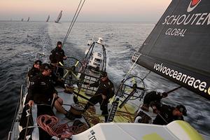 Leg 9 to Gothenburg onboard Team Brunel. Day 0. The Volvo Ocean Race fleet starts leg9 with a 50 mile loop close to the french coast. Beautiful sailing near a stunning coastline. photo copyright Stefan Coppers / Team Brunel taken at  and featuring the  class
