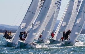 Coming into the top mark, the fleet was close together. - Marinepool Etchells Australasian Winter Championship 2015 photo copyright Teri Dodds http://www.teridodds.com taken at  and featuring the  class