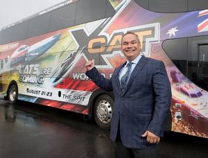 City of Gold Coast Mayor Tom Tate with one of the Surfside buses wrapped in XCAT branding, thanks to a partnership with TAG /Transit Australia Group, which will be making their way around the Gold Coast - 2015 UIM XCAT World Series photo copyright Karien Jonckheere taken at  and featuring the  class