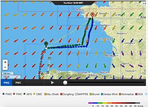 Predictwind course recommendation for Team SCA based on current weather data and positions at 1843UTC on June 9. Abu Dhabi&rsquo;s group to the SE of Team SCA have a similar recommendation to tack onto port tack, and they should be crossed by Team SCA and Vestas Wind photo copyright PredictWind http://www.predictwind.com taken at  and featuring the  class