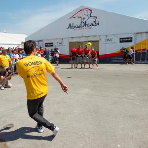 Portuguese football star Nuno Gomes took on ADOR skipper Ian Walker in a free-kick competition before the Lisbon In-Port Race - Volvo Ocean Race 2014-15 photo copyright  Ian Roman / Abu Dhabi Ocean Racing taken at  and featuring the  class