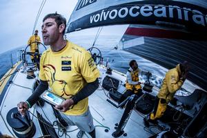 Onboard Abu Dhabi Ocean Racing - Simon SiFi Fisher tries to guess what the wind will do next after slipping back from the leaders - Leg 8 to Lorient – Volvo Ocean Race 2015 photo copyright Matt Knighton/Abu Dhabi Ocean Racing taken at  and featuring the  class